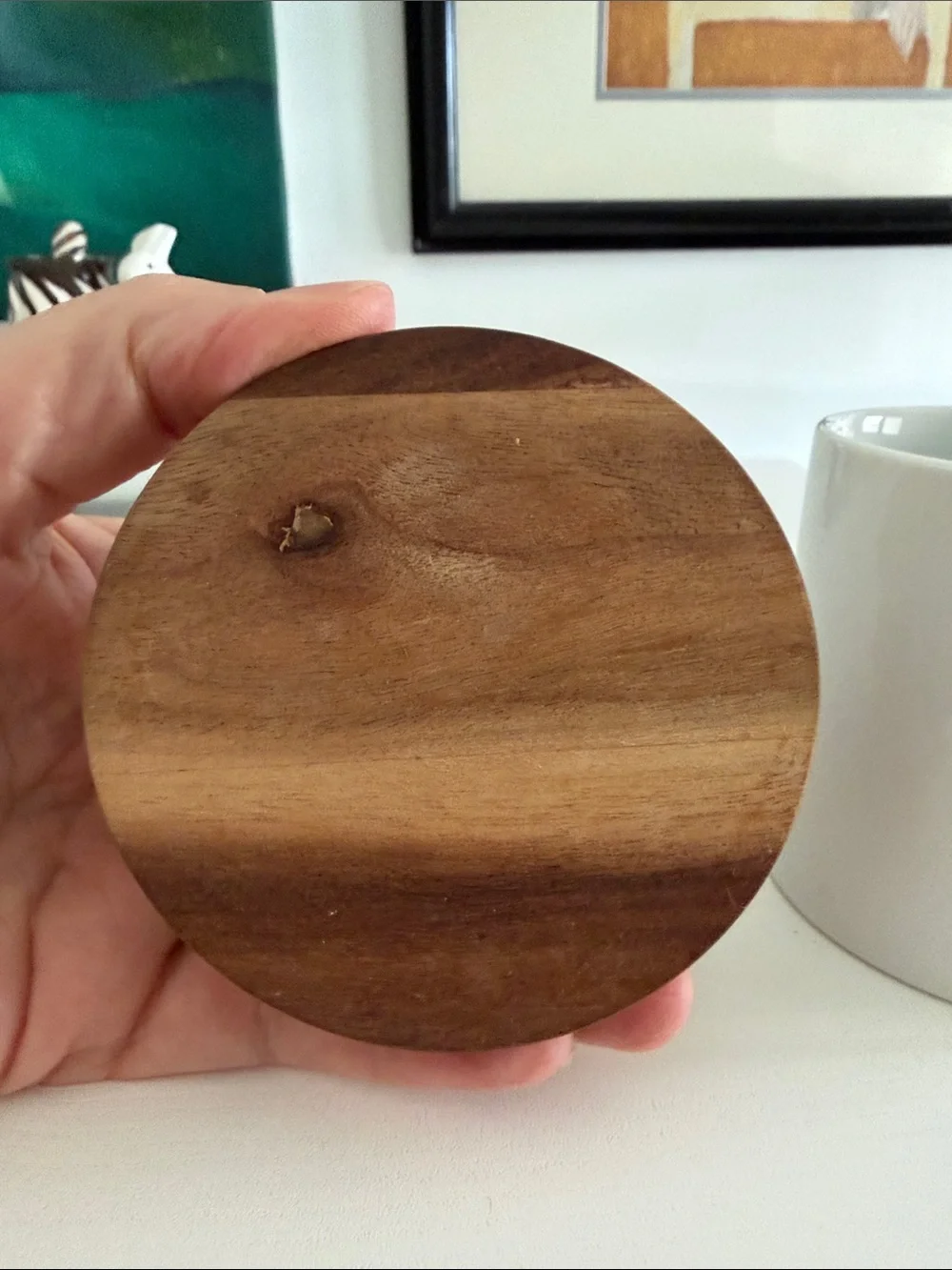 White Ceramic Kitchen Canister with Brown Mushroom Graphic and Wood Lid